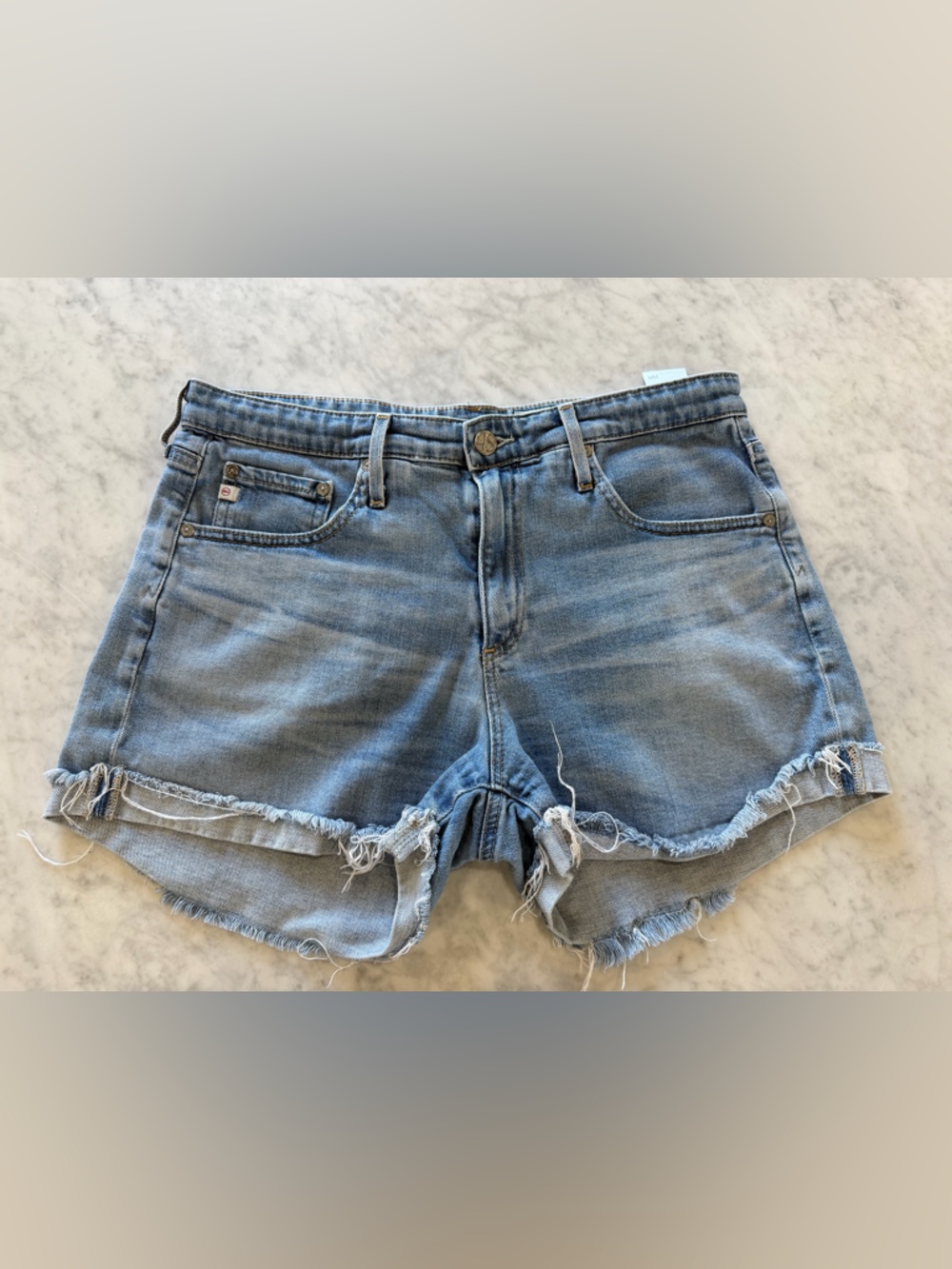 AG Riley Denim Shorts Size 29 Button Fly Distressed Raw Hem